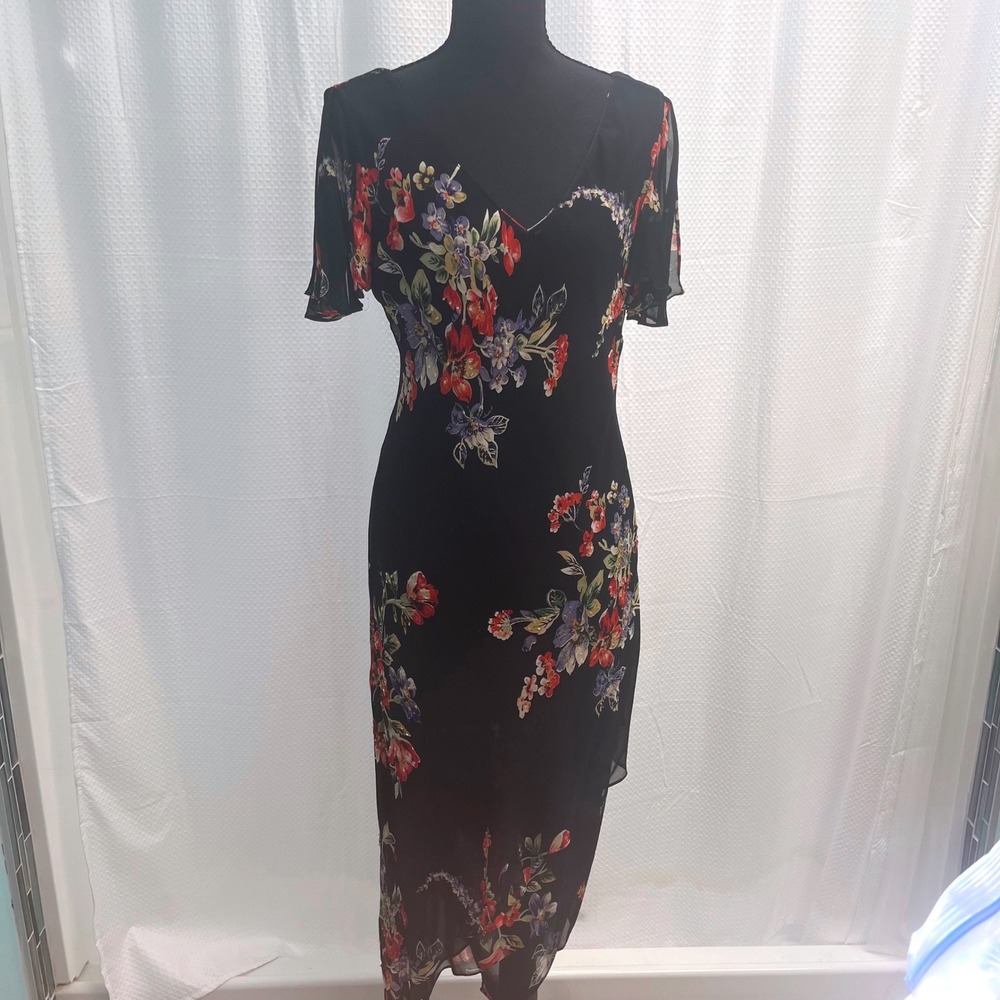 Eva Blue Black Floral Beaded Asymmetrical Midi Dress Flutter Sleeve Size 10